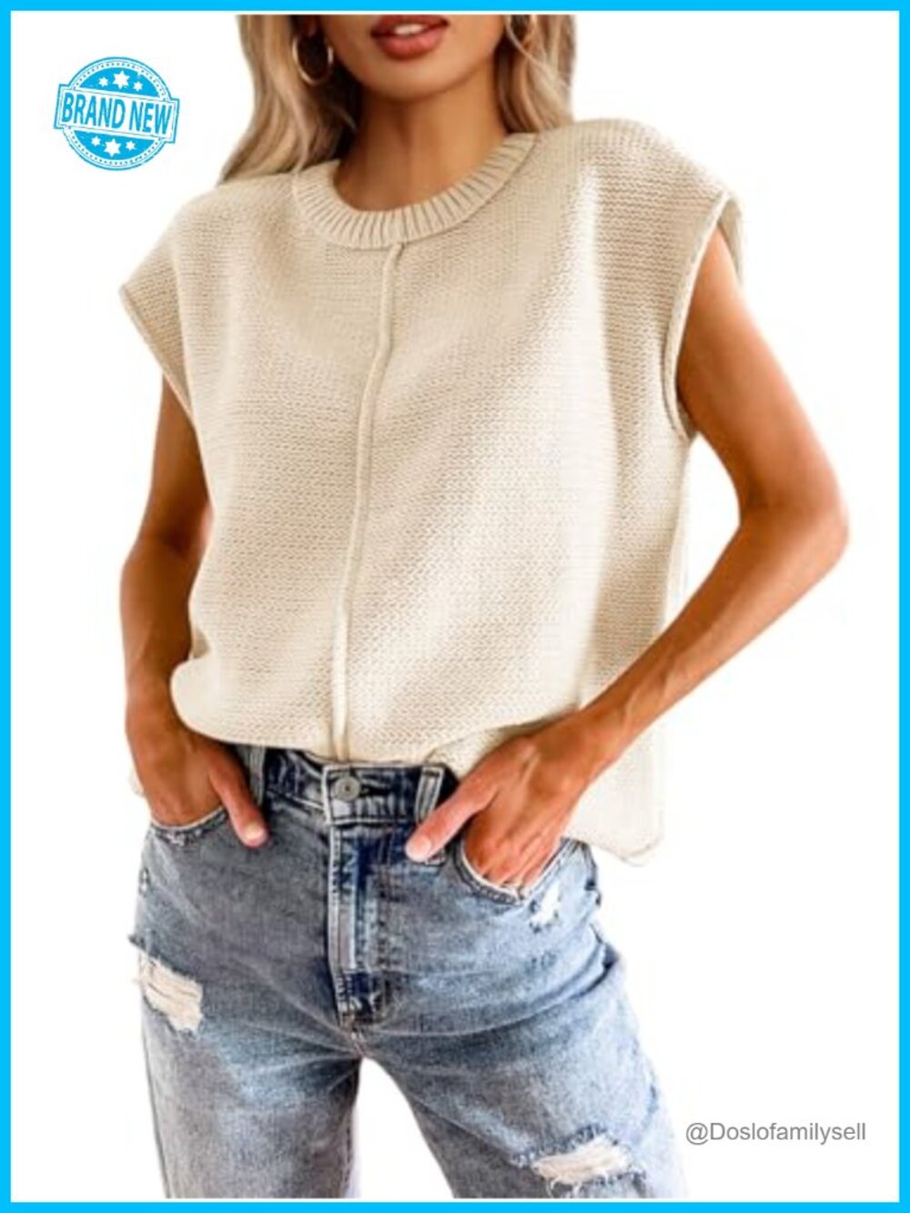 Womens Lightweight Cap Sleeve Sweater Vest Crewneck Loose Knit Pullover Top